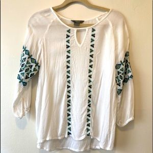 Geometric turquoise, teal and blue blouse